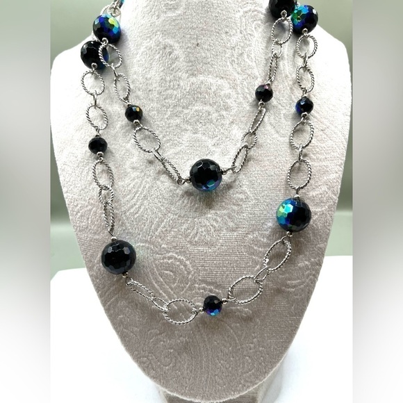 Premier Designs Necklace Blue and Black Beads Twisted oval Chain links Stunning - Picture 2 of 13
